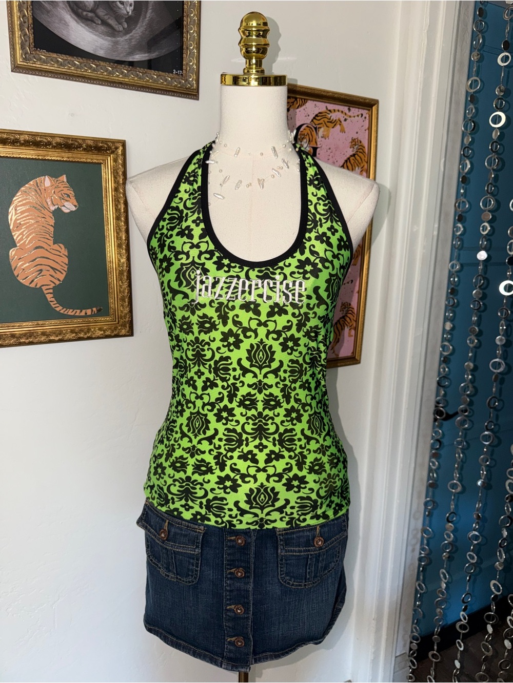 Vintage Y2K Jazzercise Neon Green Patterned Halter Tank Top